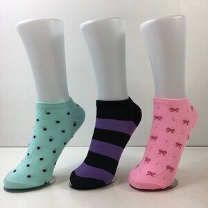 Womens Ankle Socks Set 3 Polka Dots Stripes Bows Green Purple Black Pink